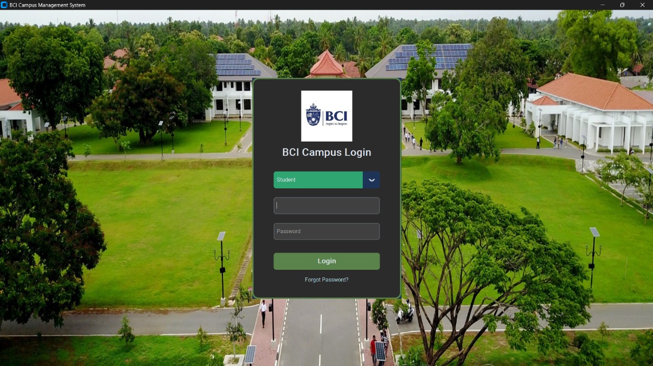Screenshot of the BCI Campus Student Management System showing student records and administration dashboard